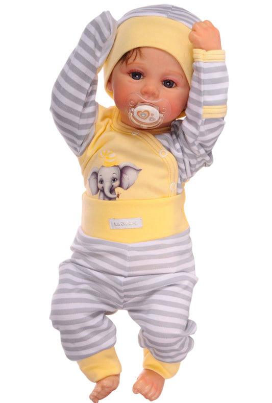 Baby Anzug Wickelbody Hose Mütze in Gelb mit Elefanten Aufdruck