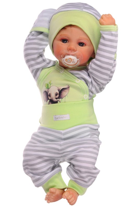 Baby Anzug Wickelbody Hose Mütze in Grün mit Elefanten Aufdruck