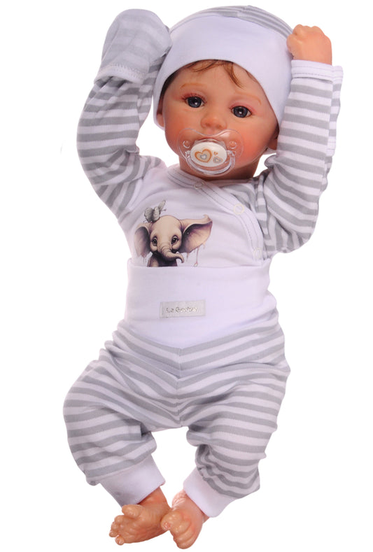 Baby Anzug Wickelbody Hose Mütze in Weiß mit Elefanten Aufdruck