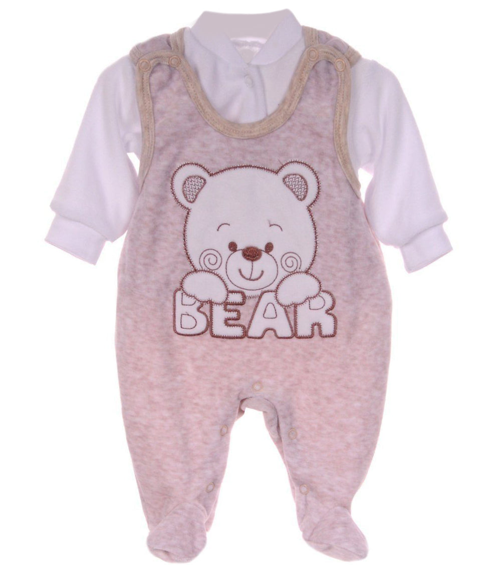 Strampler und Shirt Baby Anzug in Beige weiß aus Velours mit Bärchen