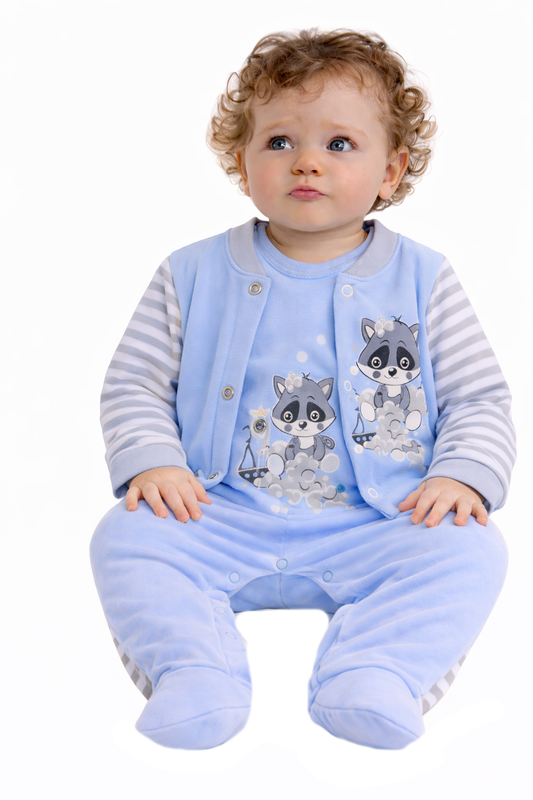 Strampler Hemdchen Baby Anzug in Blau mit Waschbär