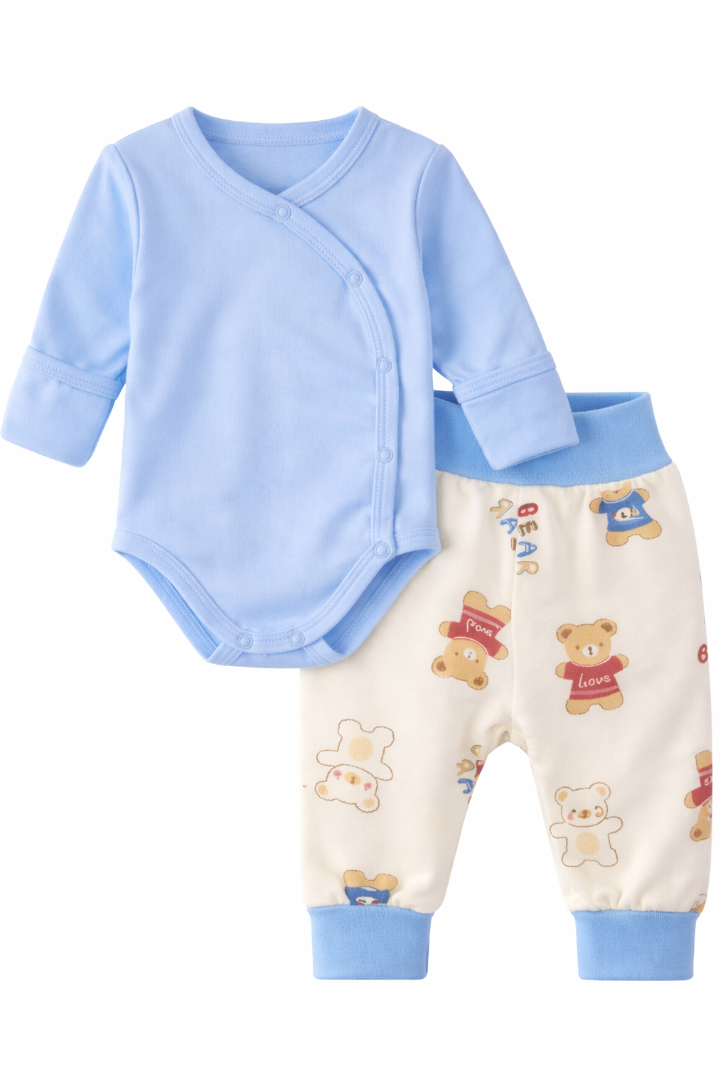Body und Hose Baby Anzug Wickelbody in Blau mit Bärchen