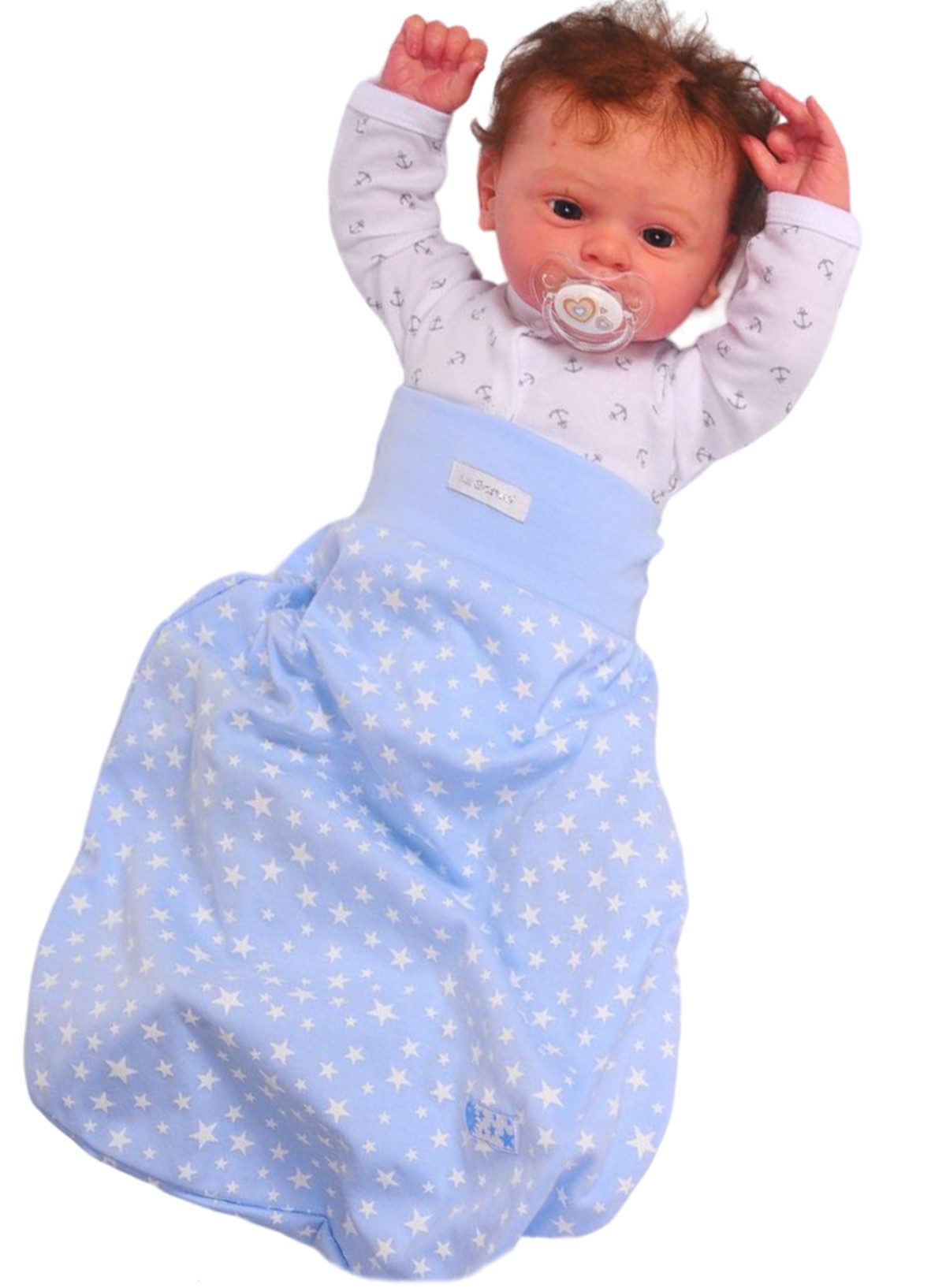 Baby Pucksack Fußsack für Sommer Frühjahr Stramplersack einlagig in Blau mit Sternchen