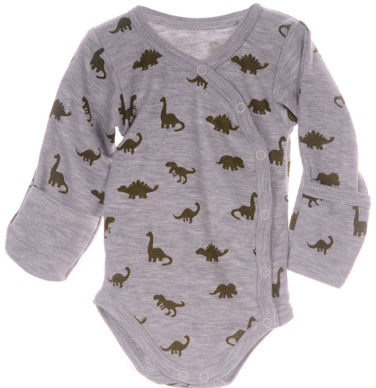 Baby Body Wickelbody langarm mit Kratzschutz in Grau mit Dinos Muster
