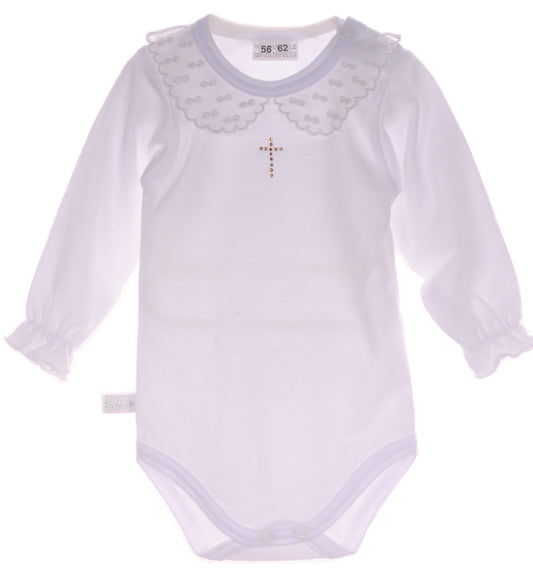 Baby Body für Taufe in Weiß mit festlichm Kragen langarm
