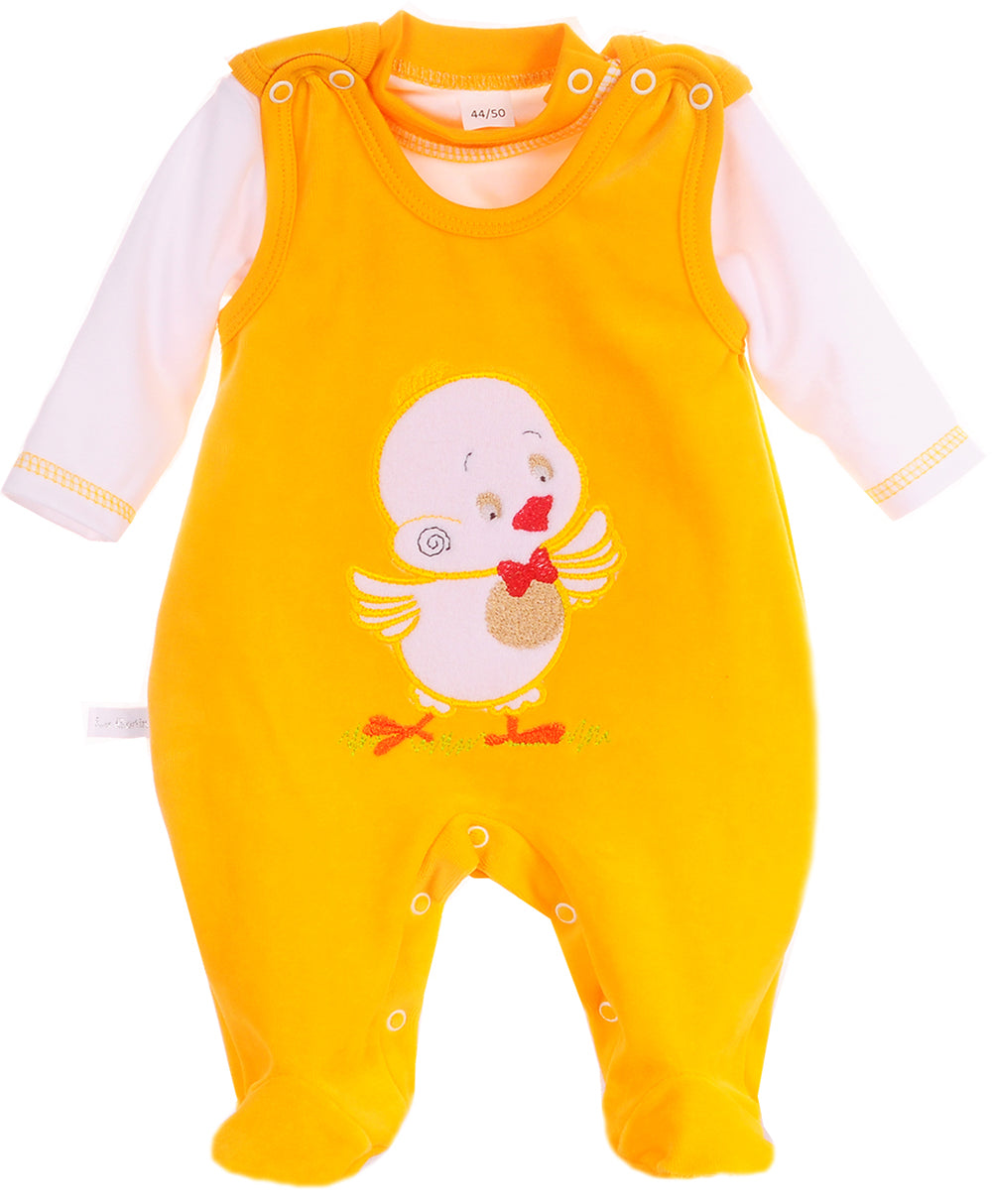 Strampler und Shirt Baby Anzug in Gelb mit Entchen aus Velours