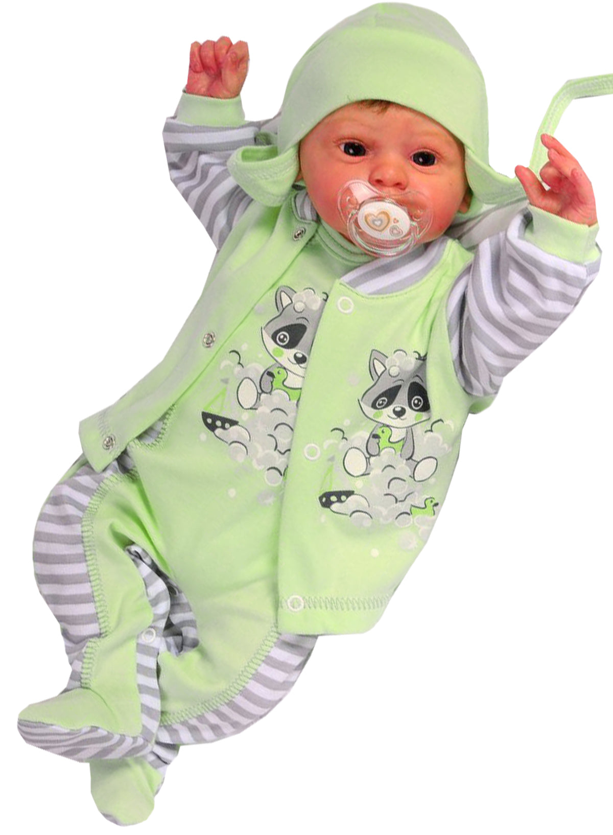 Strampler Mütze und Hemdchen Baby Anzug in Grün mit Waschbär