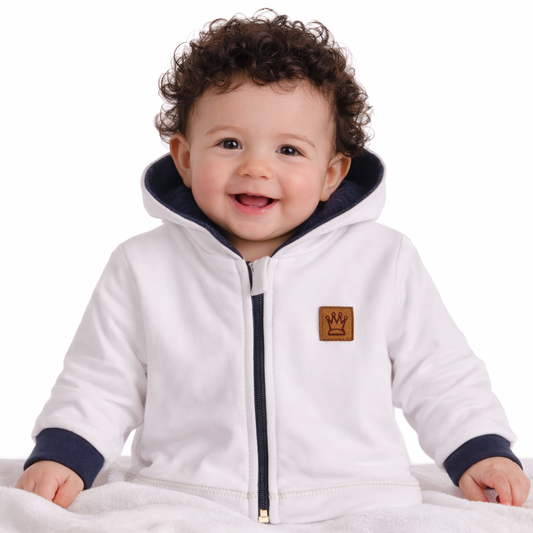 Baby Jacke Swetjacke mit Kapuze in Weiß Blau