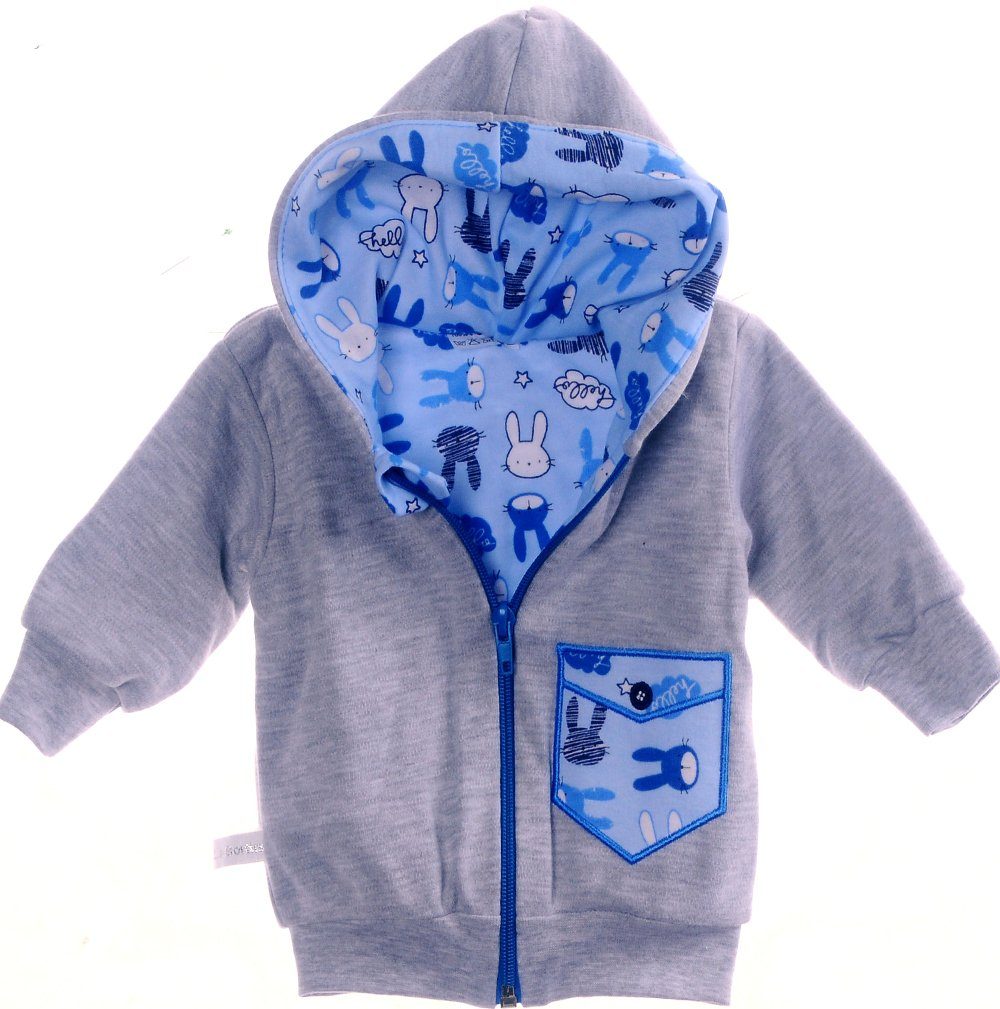 Baby Jacke Swetjacke mit Kapuze in Grau mit Hasenmuster