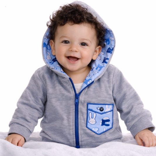 Baby Jacke Swetjacke mit Kapuze in Grau mit Hasenmuster