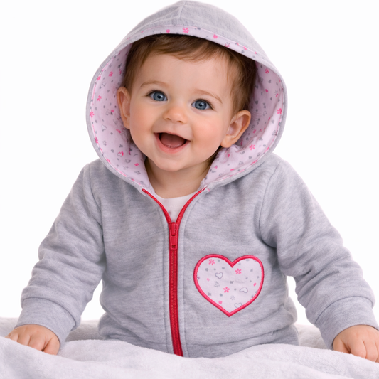 Baby Jacke Swetjacke mit Kapuze in Grau mit Blumenmuster