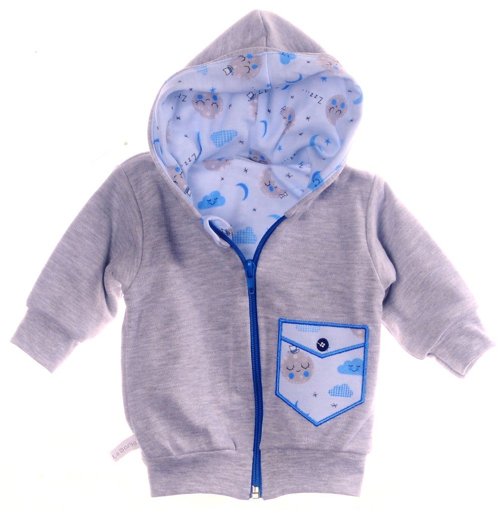 Baby Jacke Swetjacke mit Kapuze in Grau mit Wolkenmuster