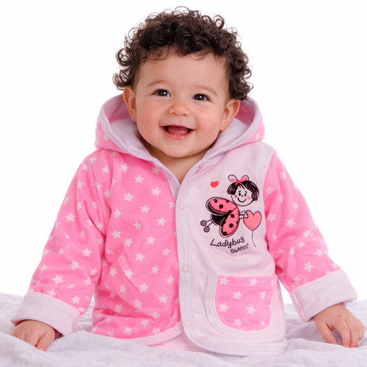 Baby Jacke Swetjacke mit Kapuze in Weiß Pink mit Marienkäfer