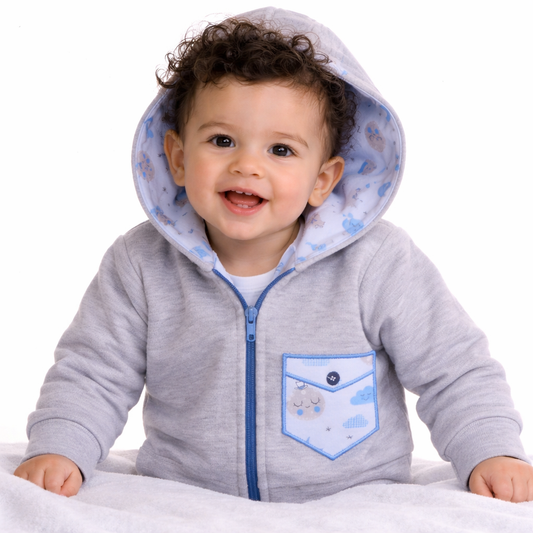 Baby Jacke Swetjacke mit Kapuze in Grau mit Wolkenmuster