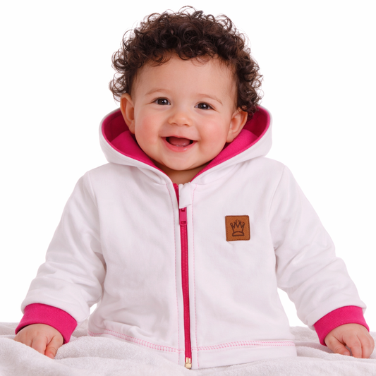 Baby Jacke Swetjacke mit Kapuze in Weiß Pink