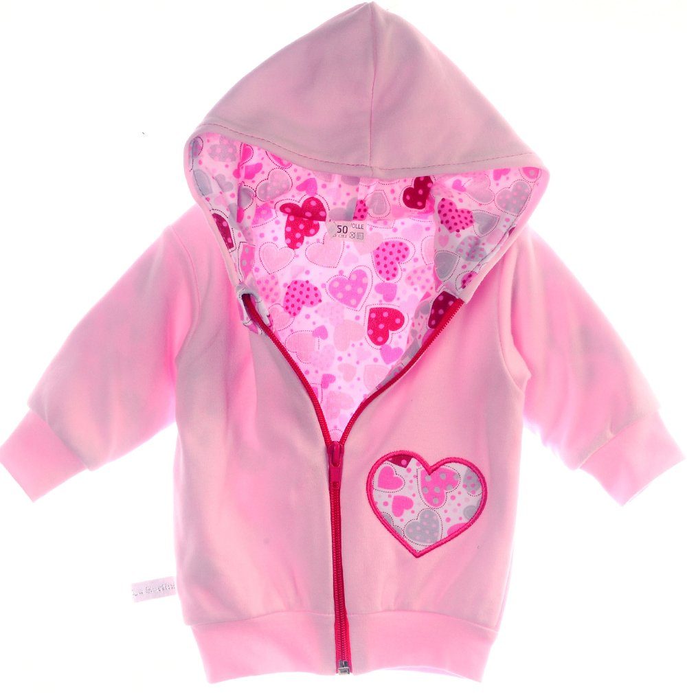Baby Jacke Swetjacke mit Kapuze in Rosa mit Herzenmuster