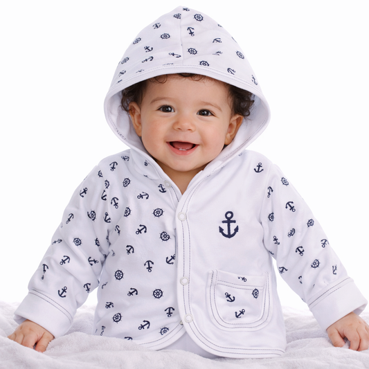 Baby Jacke Swetjacke mit Kapuze in Weiß Blau mit Anker