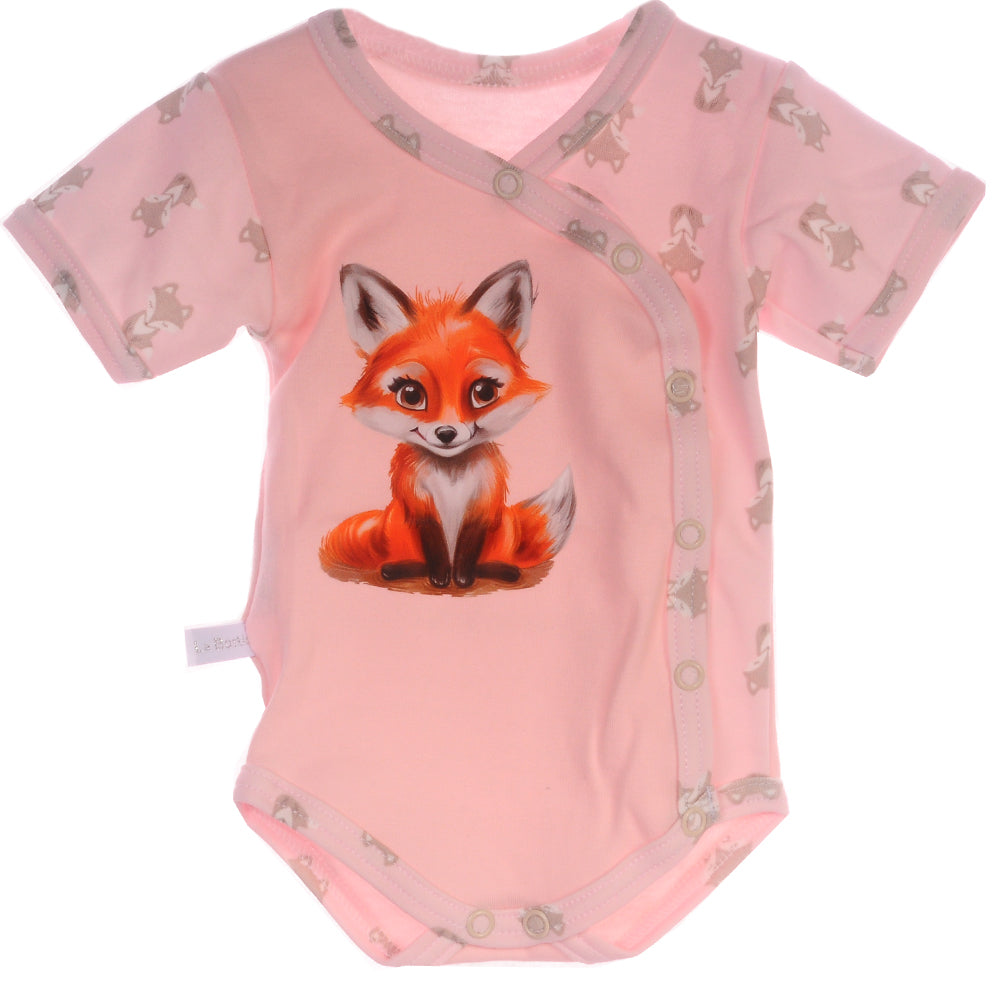 Baby Body Kurzarmbody Wickelbody in Puderrosa mit Fuchs Aufdruck