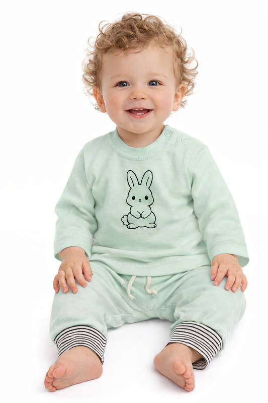 Baby Anzug Langarmshirt und Mitwachshose in Mintgrün mit Hasen