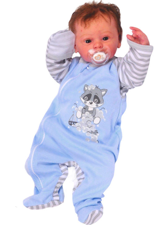 Baby Strampler Schlafanzug in Blau mit Waschbär Overall mit Kratzschutz