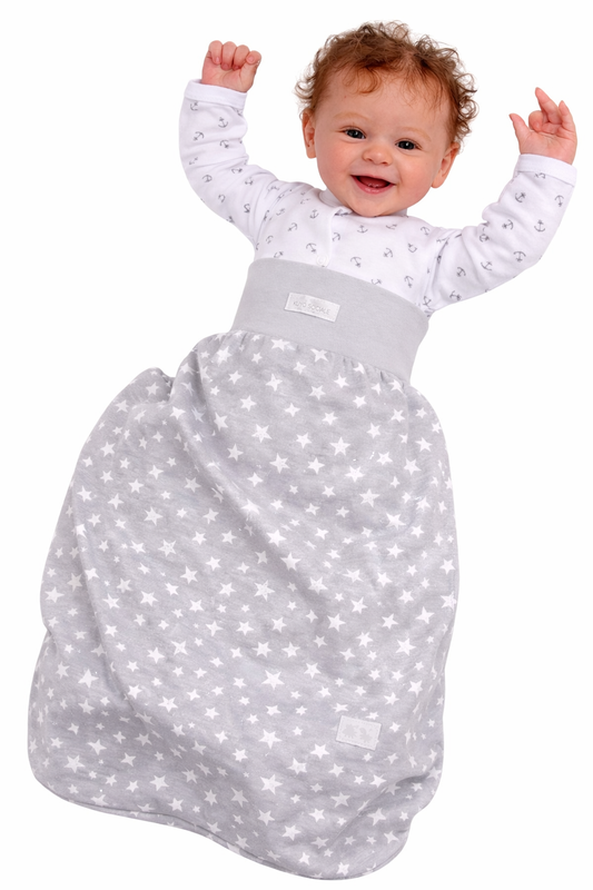 Baby Pucksack Fußsack für Sommer Frühjahr Stramplersack einlagig in Grau mit Sternen