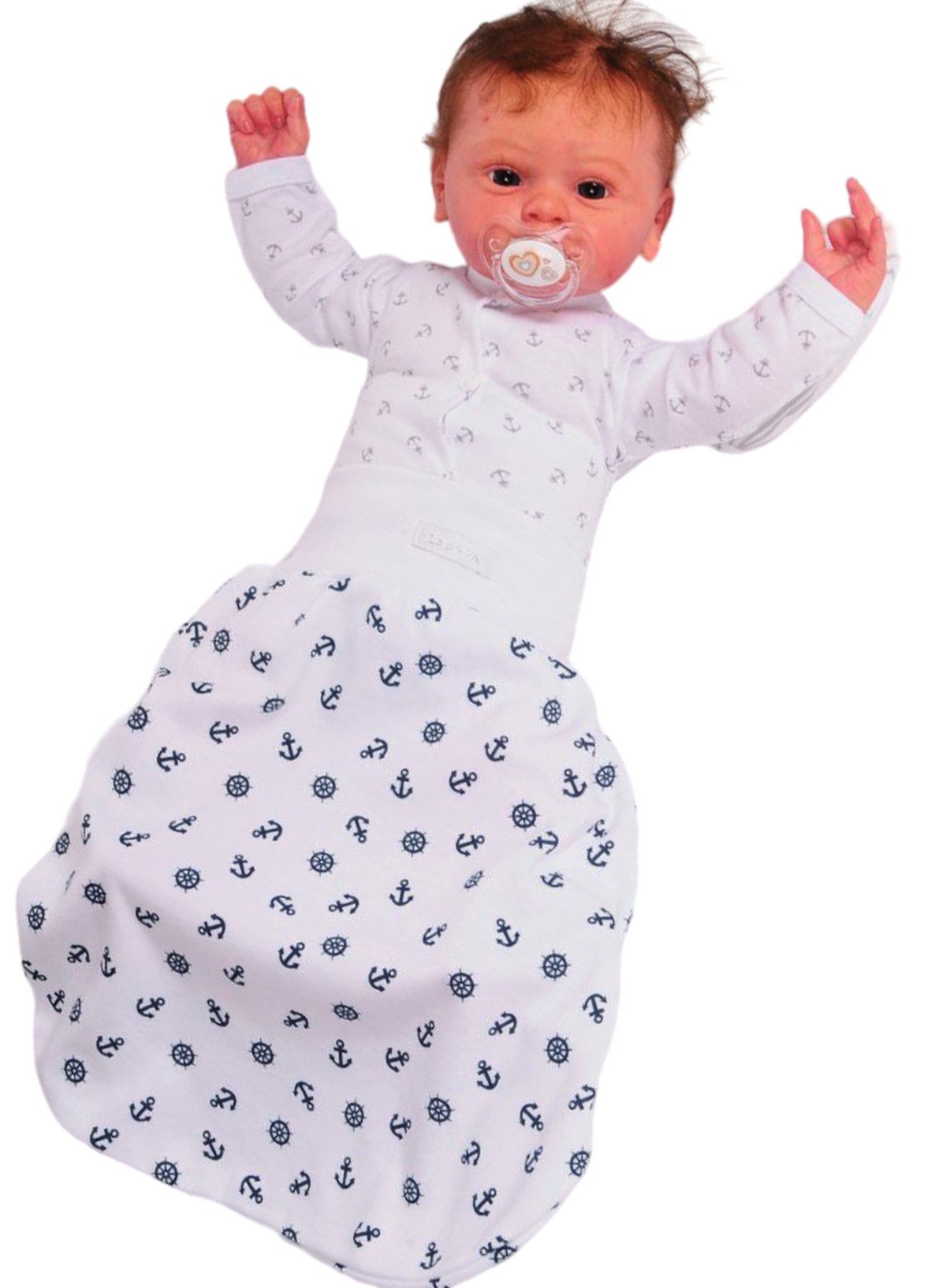 Baby Pucksack Fußsack für Sommer Frühjahr Stramplersack einlagig in Weiß mit Ankrer Muster