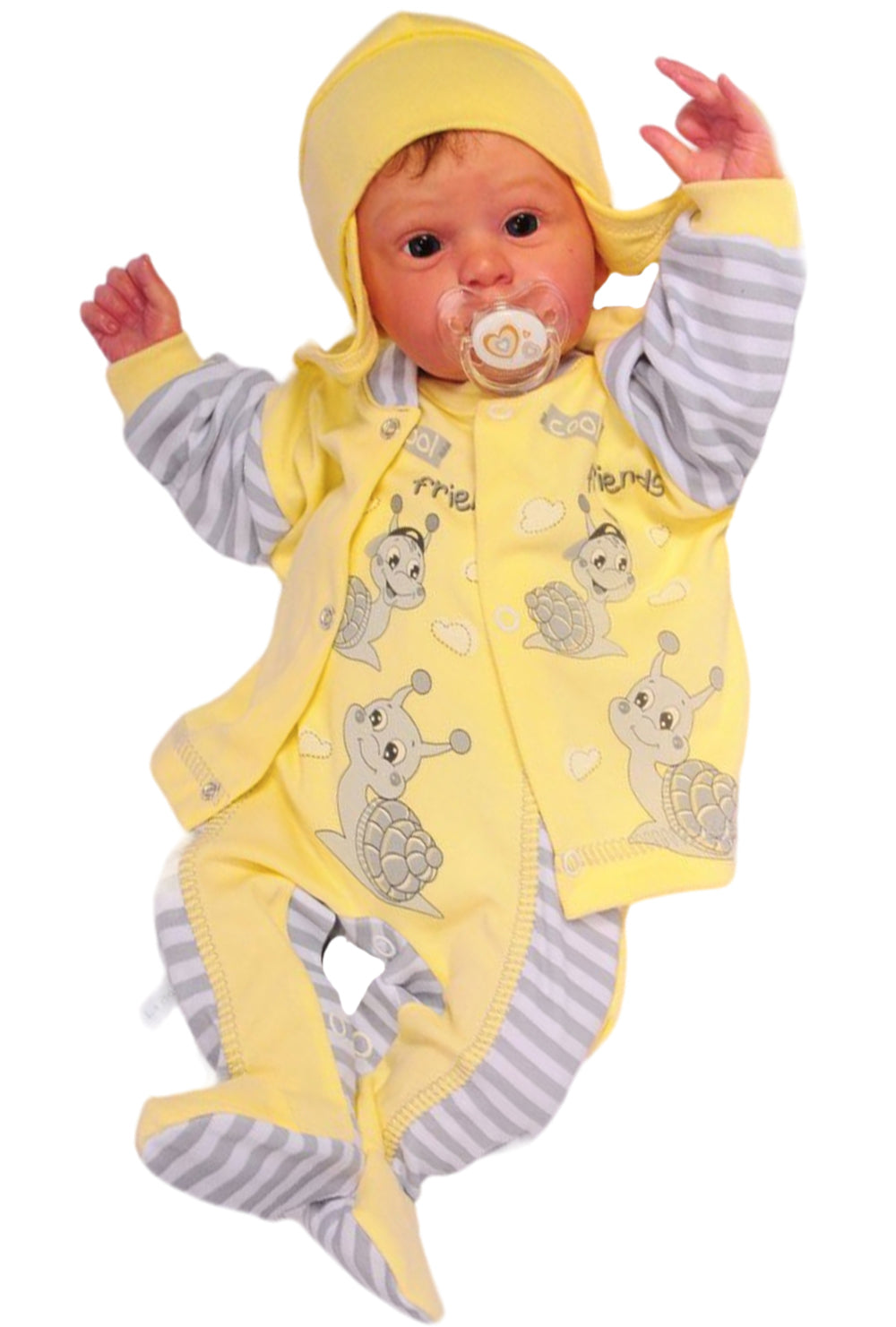 Strampler Mütze und Hemdchen Baby Anzug in Gelb mit Schnecken
