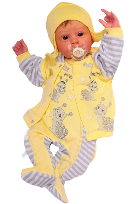 Strampler Mütze und Hemdchen Baby Anzug in Gelb mit Schnecken