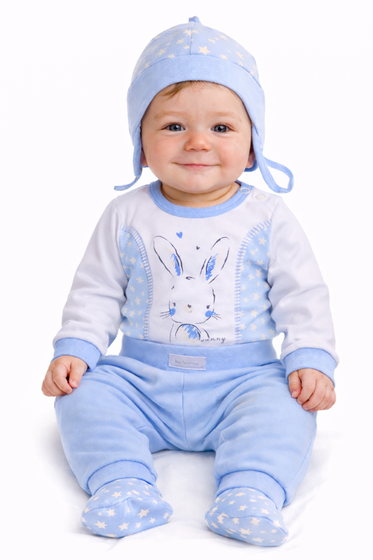 Body Hose und Mütze 3Tlg Baby Anzug in weiß blau mit Hasen