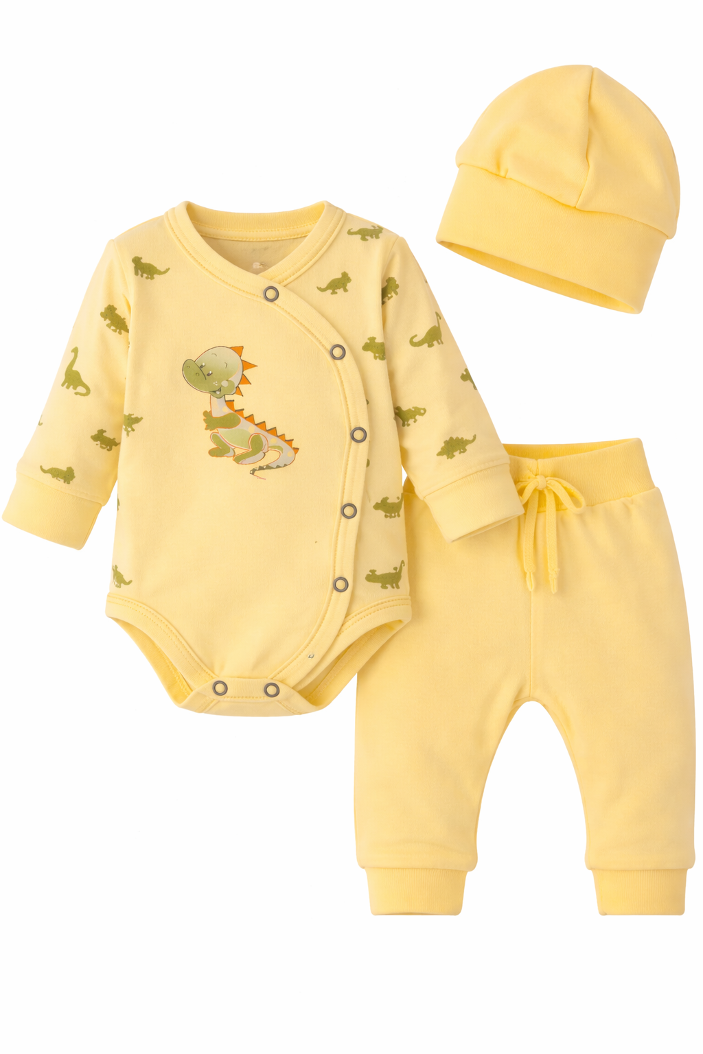 Baby Anzug in Gelb mit Dino Body Hose Mütze