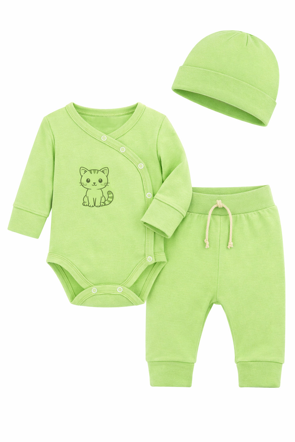 Baby Anzug 3-teilig Wickelbody Mitwachshose Mütze Set in Grün