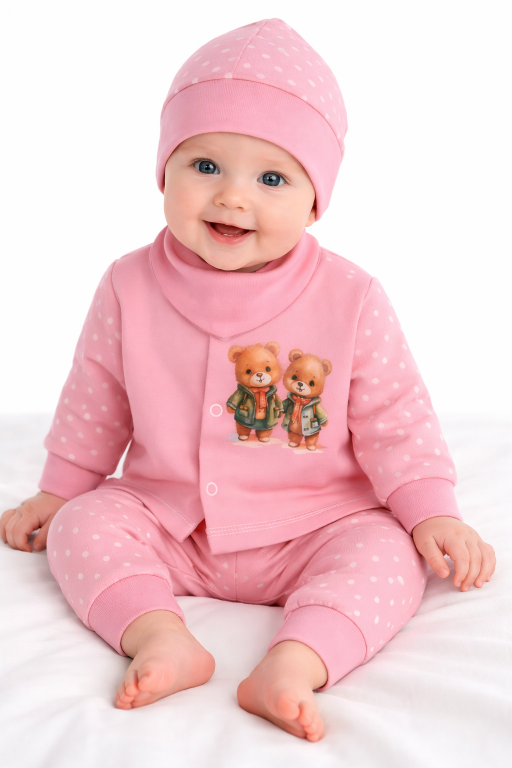 Baby Anzug 4-teilig Hemdchen Hose Mütze Dreieckstuch in Altrosa mit Bären