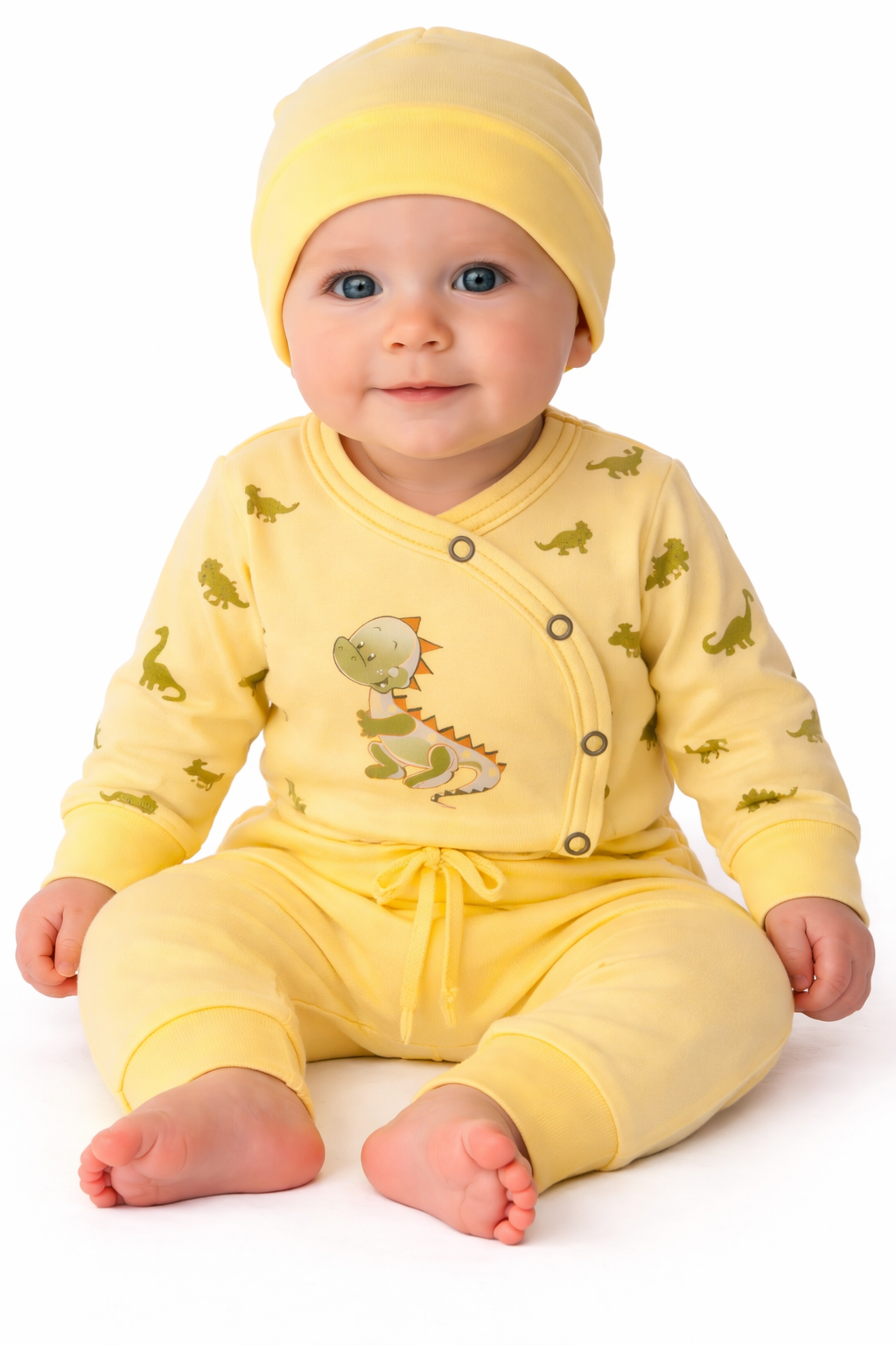 Baby Anzug in Gelb mit Dino Body Hose Mütze