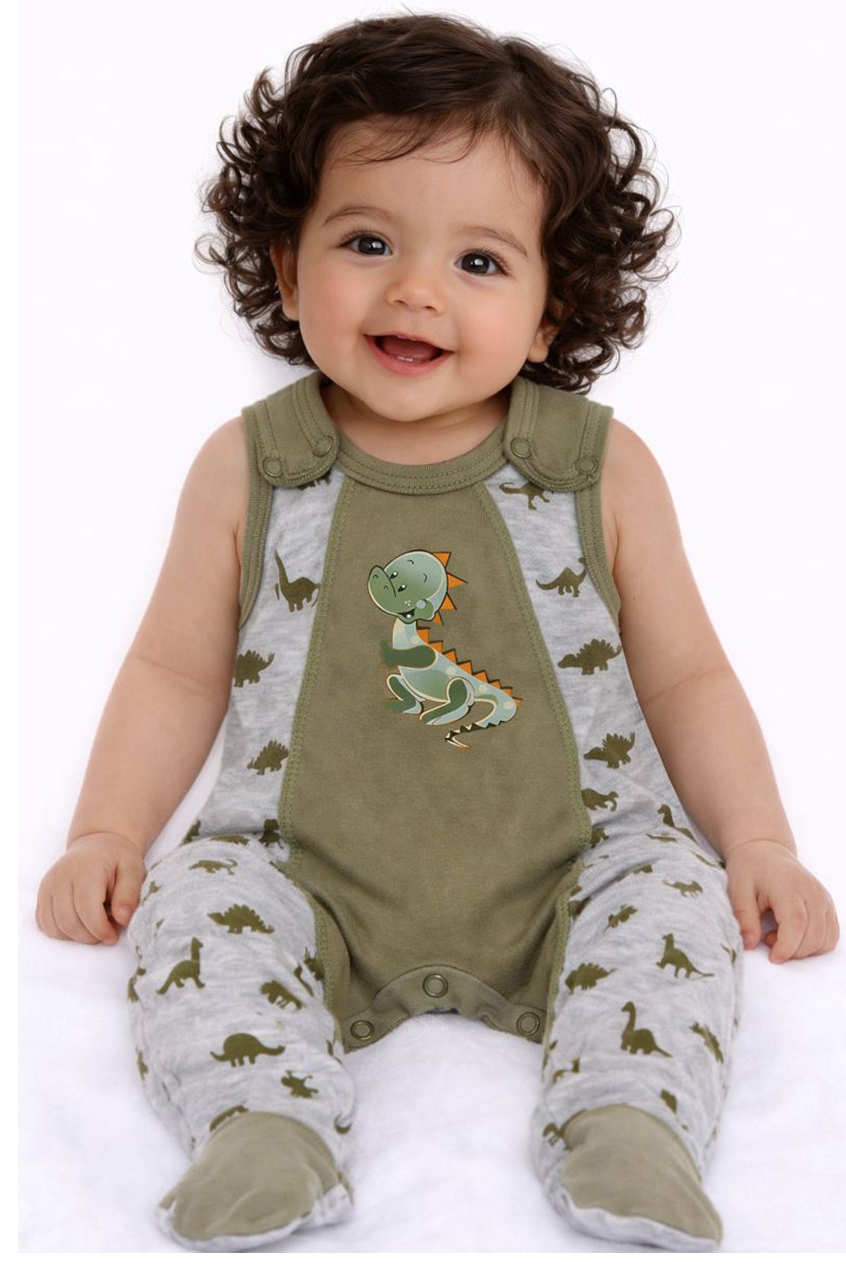 Wickelbody und Strampler Baby Set 2Tlg in Grau Khaki mit Dinos Muster