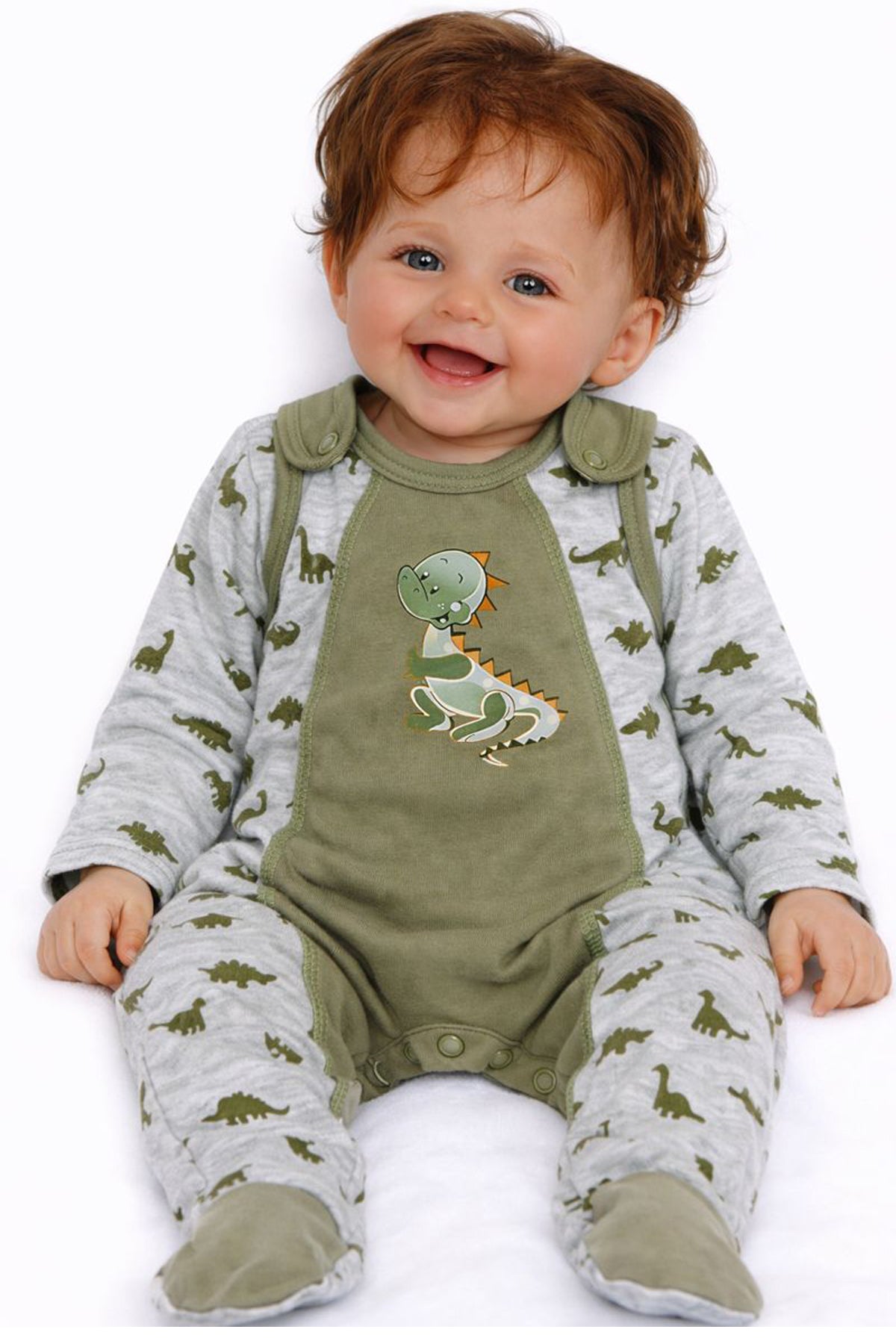 Wickelbody und Strampler Baby Set 2Tlg in Grau Khaki mit Dinos Muster