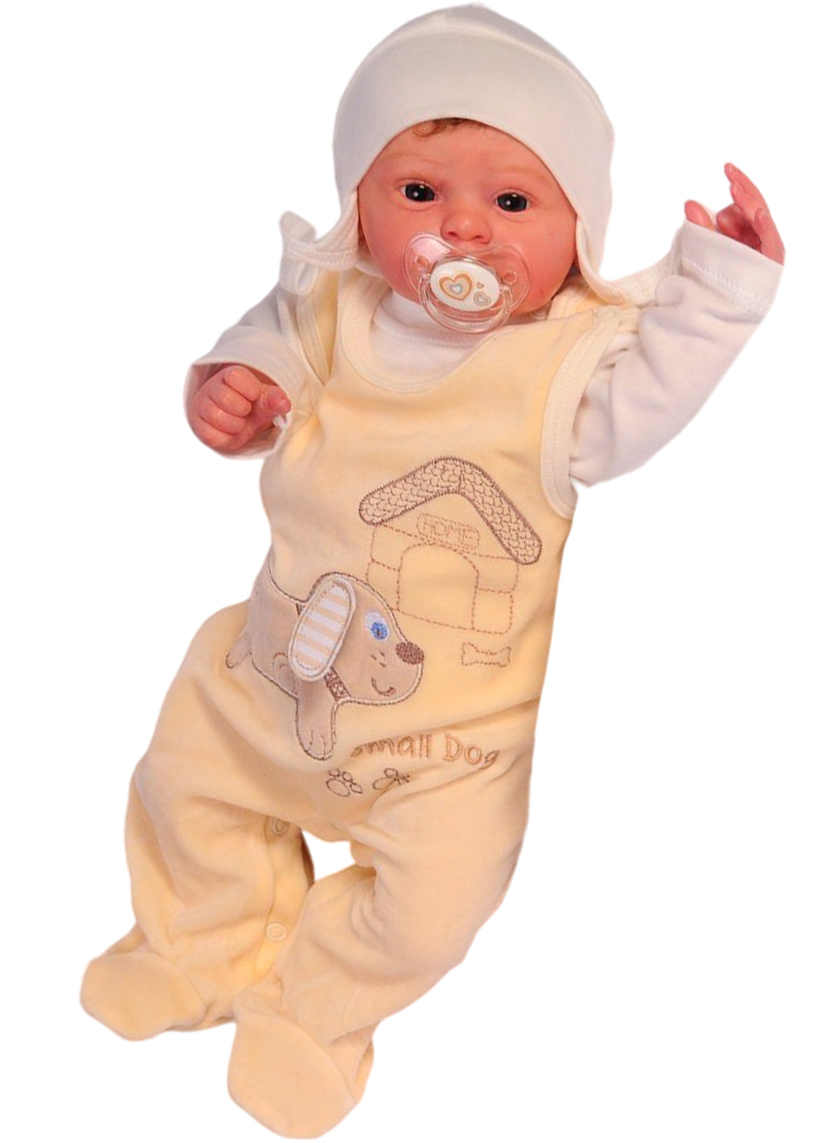 Baby Strampler Mütze Shirt Anzug in Creme mit Hunden Applikation