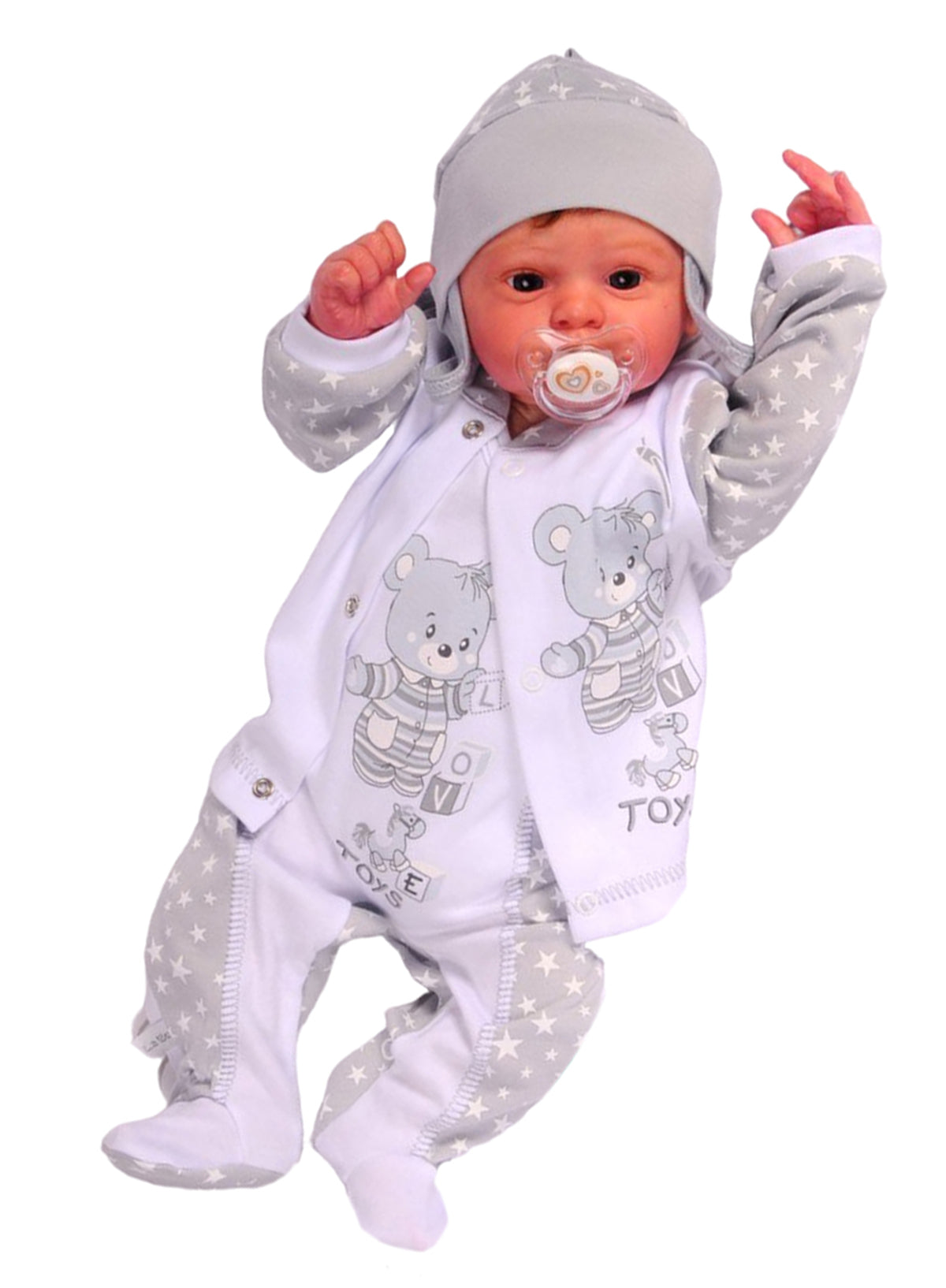 Strampler Mütze und Hemdchen Baby Anzug in Grau mit Bär