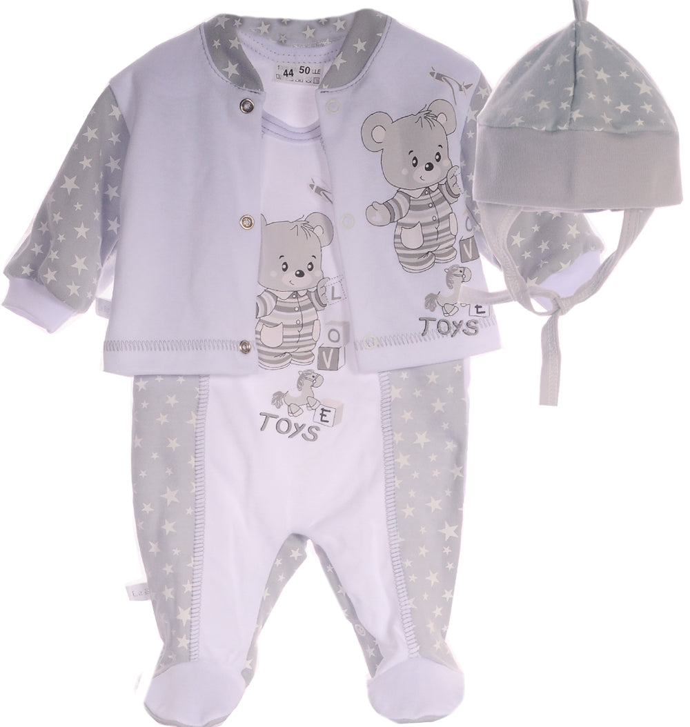 Strampler Mütze und Hemdchen Baby Anzug in Grau mit Bär
