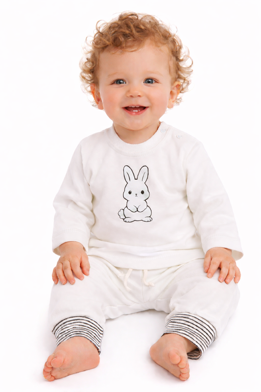 Baby Anzug Langarmshirt und Mitwachshose in Weiß mit Hasen