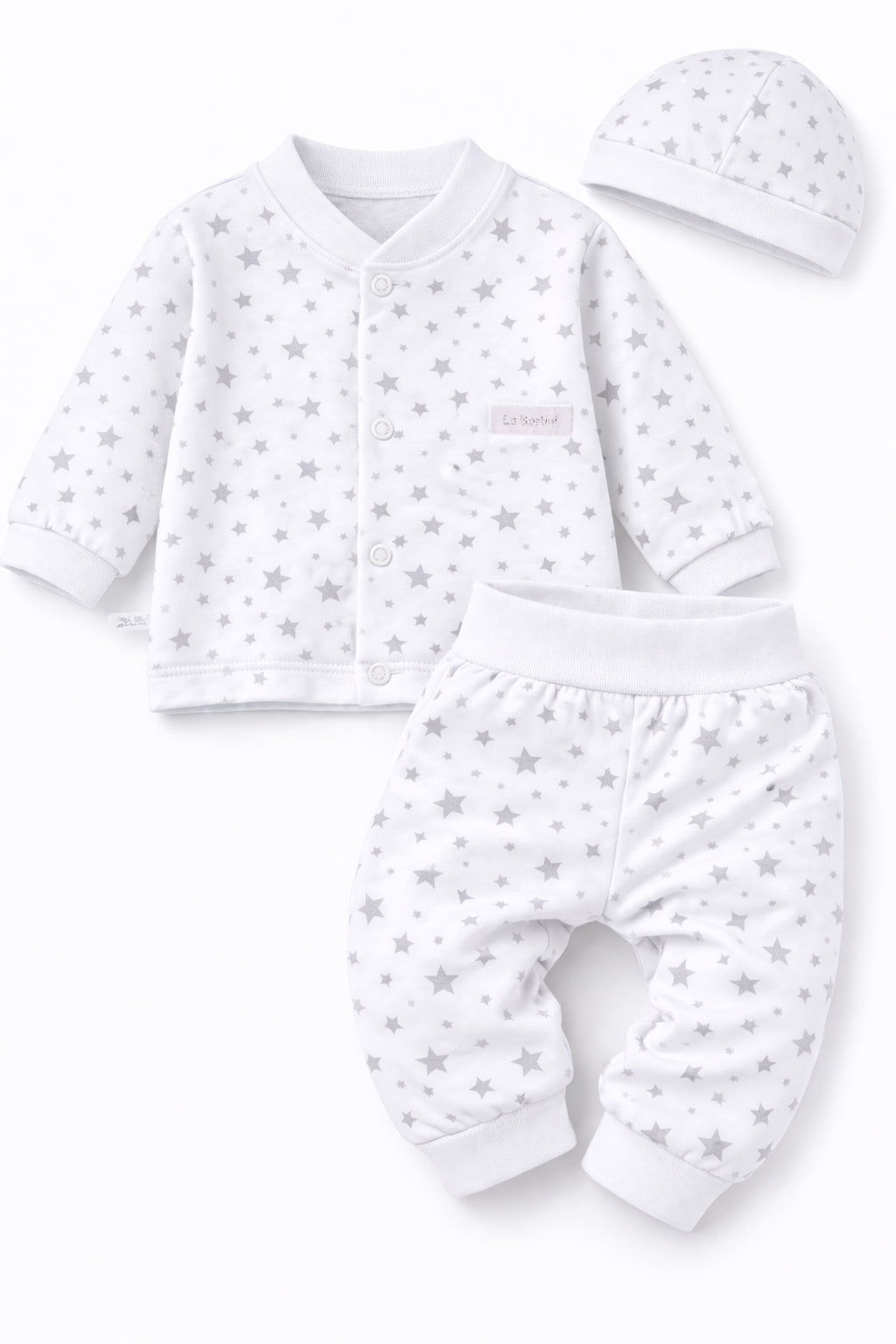 Baby Anzug 3-teilig Hemdchen Hose Mütze in Weiß mit Sternen