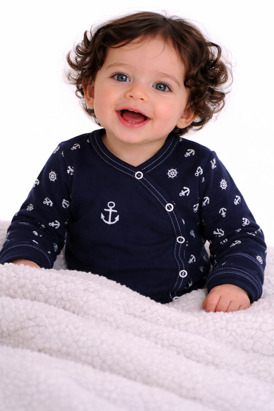 Baby Body Wickelbody mit Kratzschutz in Blau mit Anker Langarmbody