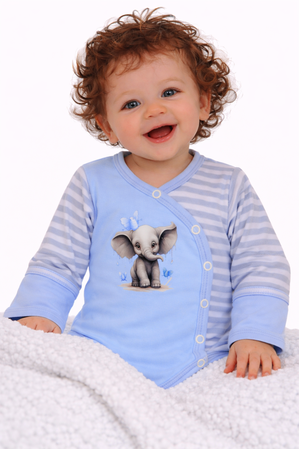 Baby Body Wickelbody langarm mit Kratzschutz in Blau mit Elefanten Aufdruck