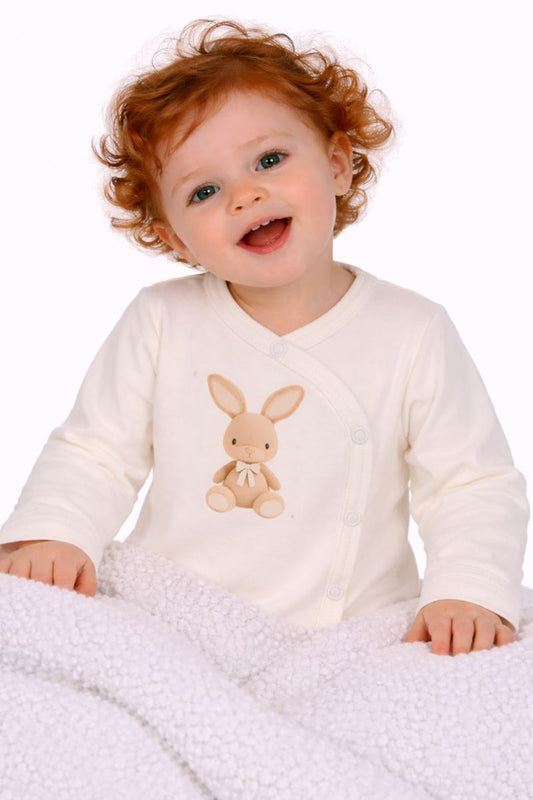 Baby Body Wickelbody langarm in Creme mit Hasen Aufdruck