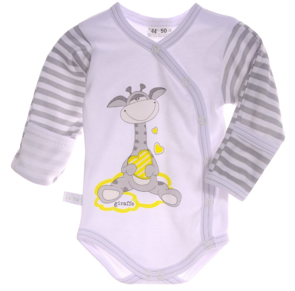 Baby Anzug Wickelbody Hose Mütze in Weiß mit Giraffen Aufdruck
