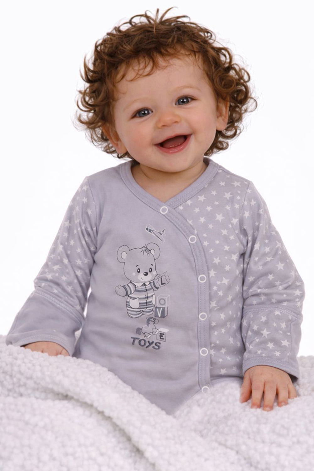 Baby Body Wickelbody mit Kratzschutz langarm in Grau mit Bär
