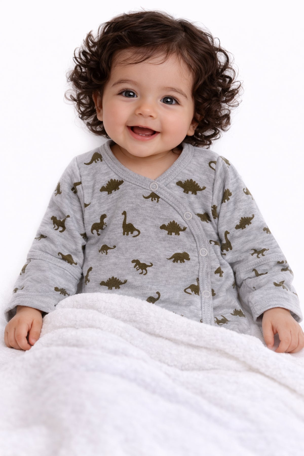 Wickelbody und Strampler Baby Set 2Tlg in Grau Khaki mit Dinos Muster