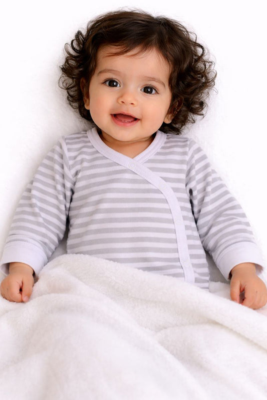 Baby Body in grau gestreift Wickelbody mit Kratzschutz