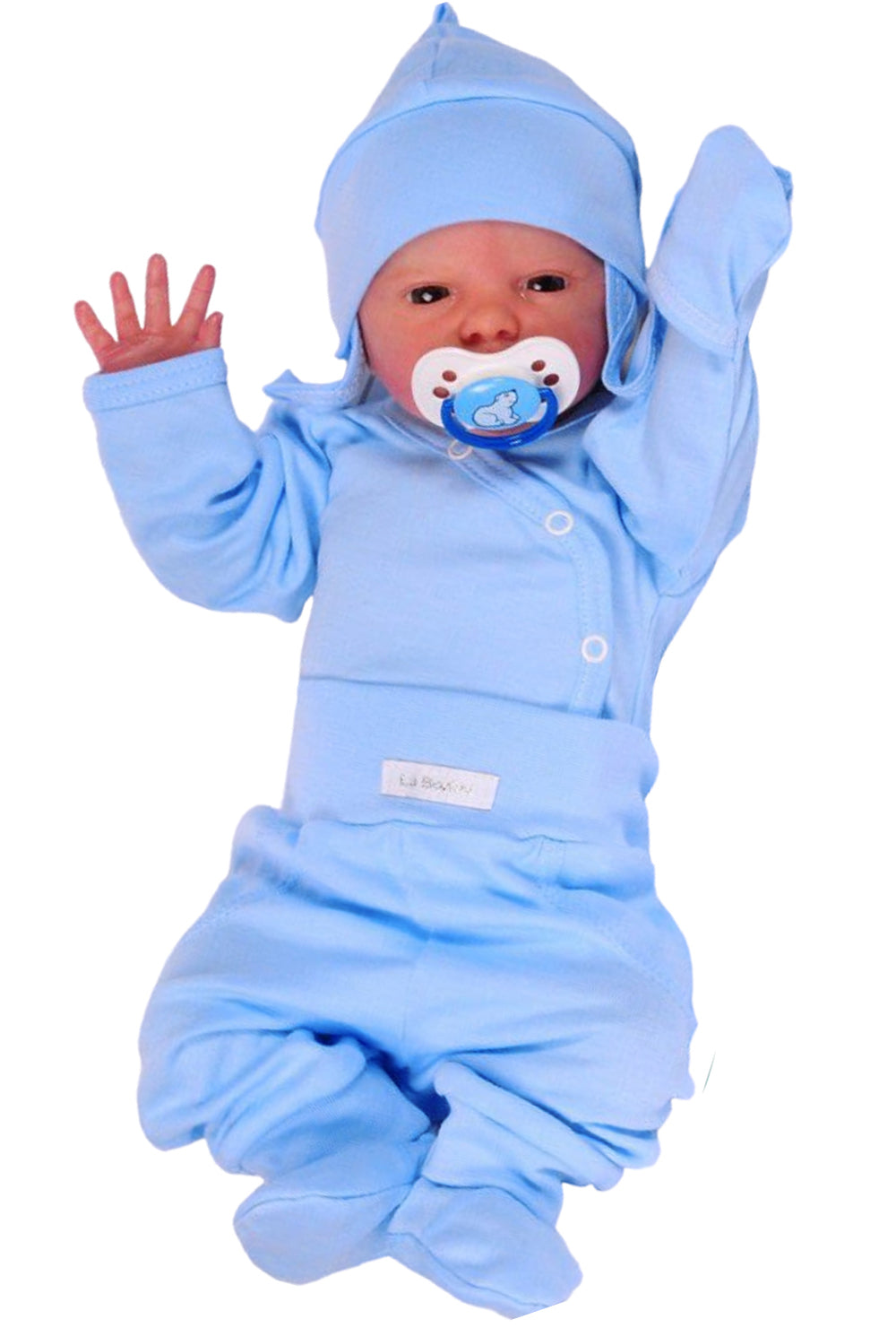 Baby Anzug Wickelbody Hose Mütze Set in Blau