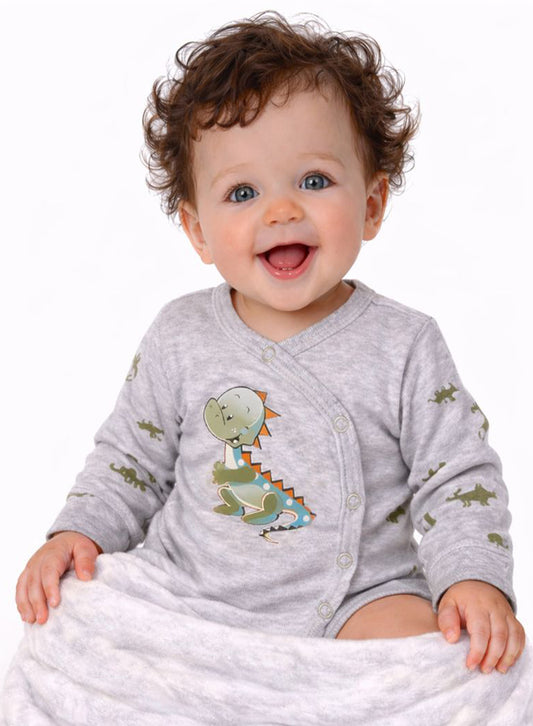Baby Body Wickelbody langarm in Grau mit Dino-Muster
