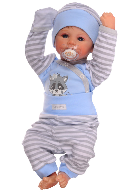 Baby Anzug Wickelbody Hose Mütze in Blau mit Waschbär